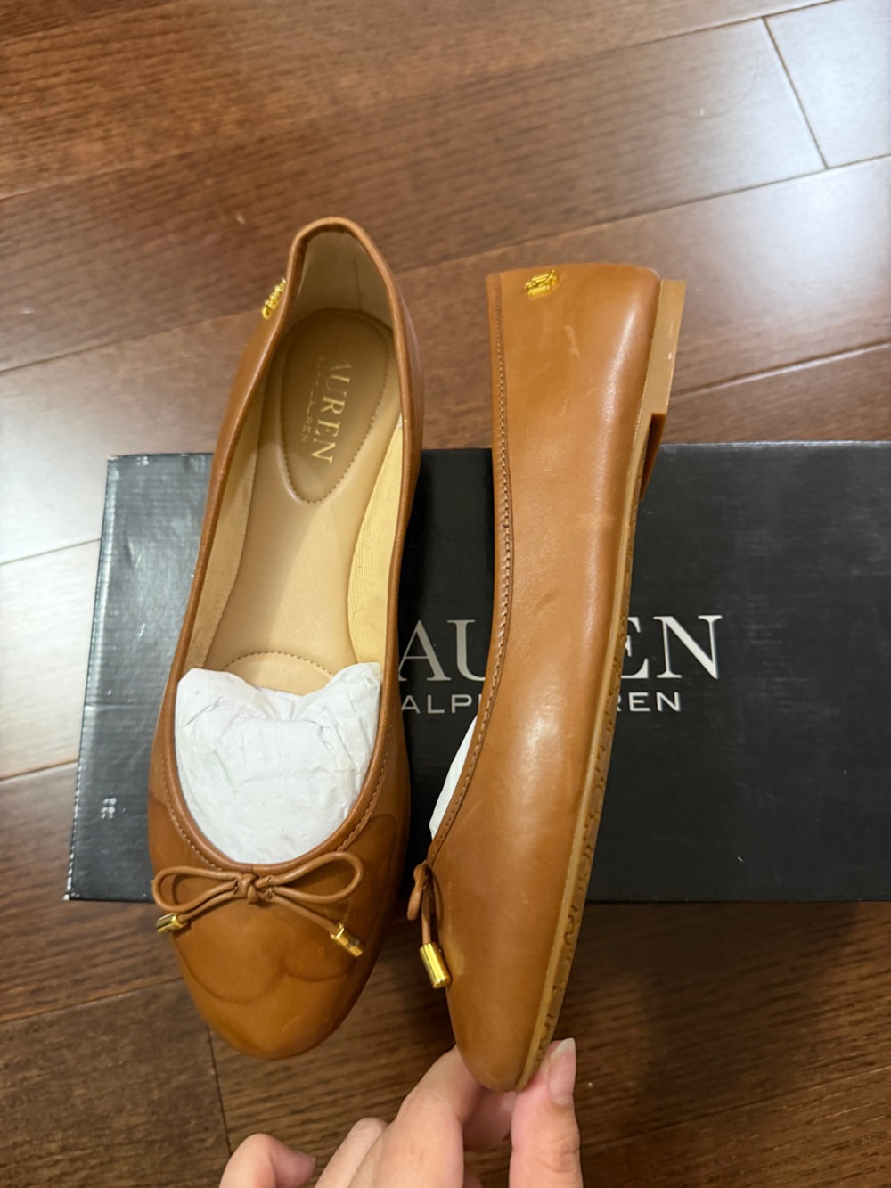 Ralph Lauren Cognac Leather Ballet Flat with Bow - Picture 7 of 12